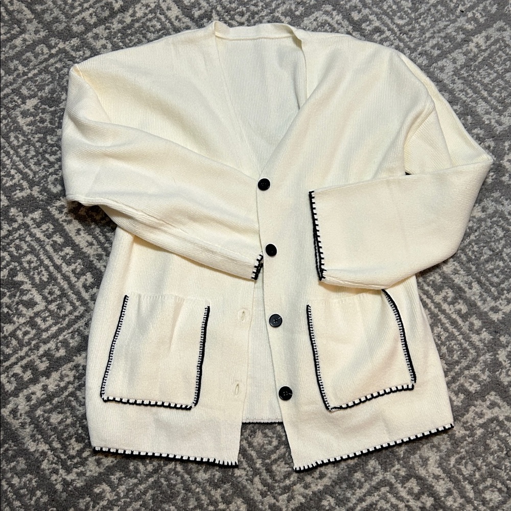 White Cardigan with Black Trim